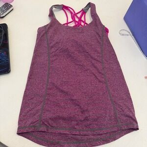 Lululemon Wild Tank Top Pink Gray Space Dye Stripe Strappy Back Built-in Bra